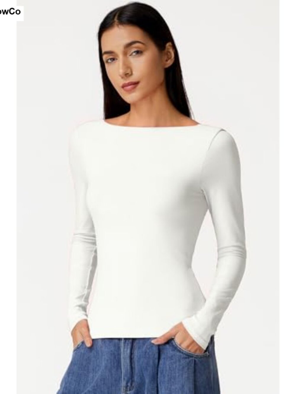 Long Sleeve Cowl Back Boat Neck Double Lined Fitted T-Shirt - Picture 3 of 6